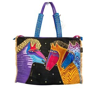 NWT  Lauren Birch Shoulder Tote Bag L Black Canvas Horses‎ Going Out Art To Wear